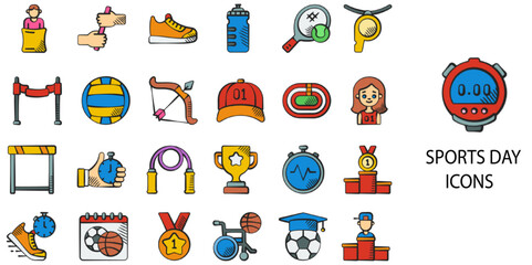 Sports day simple concept 24 hand drawn color icons set .Vector illustration.	