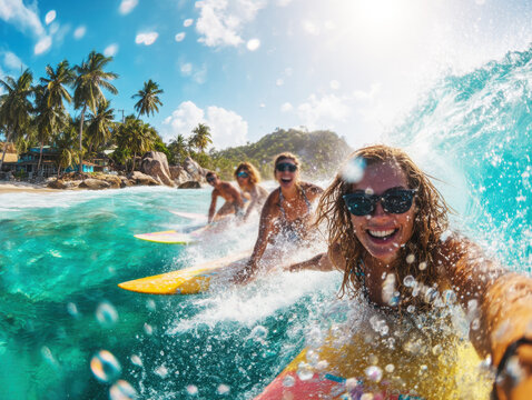 Exciting day of surfing with friends at a tropical beach - Powered by Adobe