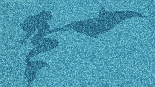 Strahlende Lichtreflektionen im erfrischenden Poolwasser mit Meerjungfrau und Delphin am Grund, Symbolkraft, Sommerfeeling und visuelle Frische, Schwimmbad, Ferien, Urlaub, Sport, Hobby