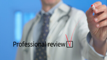 Doctor wearing lab coat and stethoscope using red marker to tick checkbox next to professional...