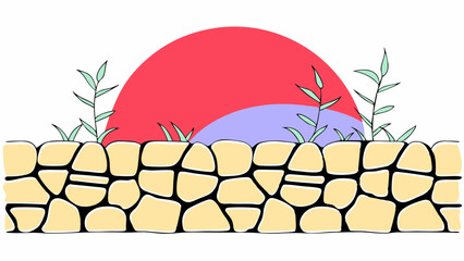 colorful illustration of stone wall with plants and vibrant sunset background evokes serene