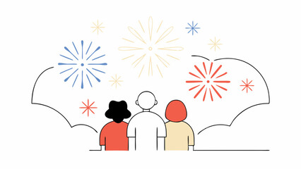 Fototapeta premium Three people watching colorful fireworks display in night sky, celebrating together