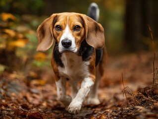 Beagle strolling through an autumn forest path on a sunny day