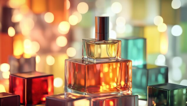 Perfume bottles stacked, vibrant colors, bokeh