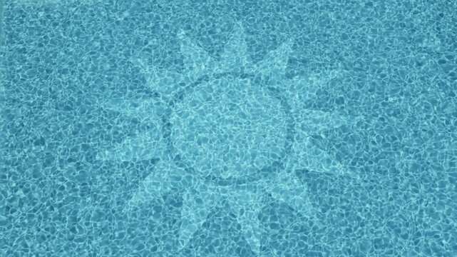 Strahlende Lichtreflektionen im erfrischenden Poolwasser mit Sonnensymbol am Grund, Symbolkraft, Sommerfeeling und visuelle Frische, Schwimmbad, Ferien, Urlaub, Sport, Hobby