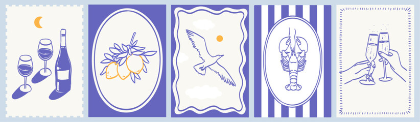 Italian summer vacation placard, poster or cards with doodle style illustrations. Vector ink sketch hand drawn Italy or Greek coast sea, wine, lobster and lemons print elements for invitation cards.