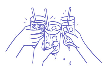 Hands hold glasses with alcoholic or non alcoholic cocktail. Cheers vector illustration for greeting card, postcard, placard, invitation, menu design. Line drawing of people celebrating and drinking.