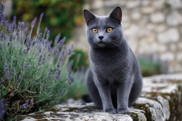 Gray cat sitting beside lavender plants in a peaceful garden