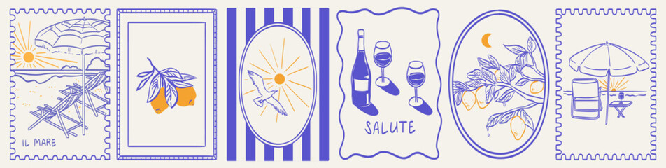 Obraz na płótnie Canvas Italian summer vacation doodle style illustrations in frames. Vector ink hand drawn Italy coast sea, lemons, wine and food elements. Sea weekend print for invitations, cards, poster, stamp or placard.