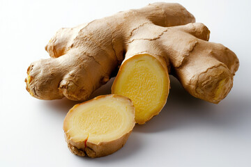 Fototapeta premium Fresh ginger root in detail kitchen table setting food photography natural lighting close-up shot culinary ingredient exploration