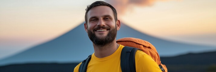 Young caucasian male hiker smiling in front of majestic mountain at sunset