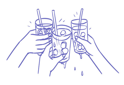 Hands hold glasses with alcoholic or non alcoholic cocktail. Cheers vector illustration for greeting card, postcard, placard, invitation, menu design. Line drawing of people celebrating and drinking.