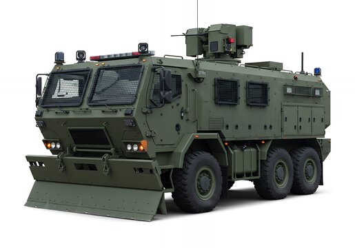Olive Drab Military Vehicle with Front Plow on White Background for Security and Tactical Use