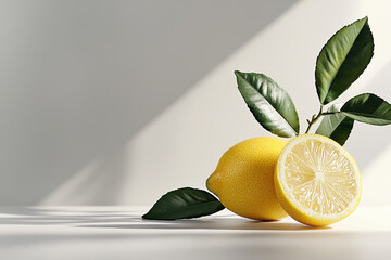 Fresh whole lemon with a perfectly cut slice bright and natural setting fruit photography minimalist viewpoint for culinary inspiration