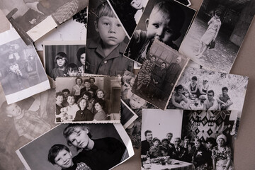 Printed vintage antique black and white retro photos.  Memories and nostalgia.