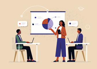 Business Presentation with Diverse Team Analyzing Data and Pie Chart Corporate Meeting and Strategy Discussion with Laptop Computers