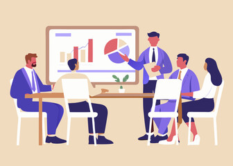 Business Presentation with Charts and Graphs Team Meeting Diverse Group of Professionals Corporate Strategy Data Analysis and Financial Performance Review