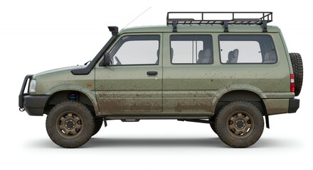 Olive Green Rural Minibus with Mud Splashes and Roof Rack Isolated on White