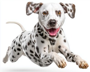 Dalmatian jumping playfully with a cheerful expression on a white background