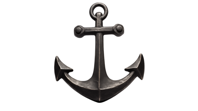 A detailed close-up of an antique metal anchor against a transparent background nautical maritime symbol design element