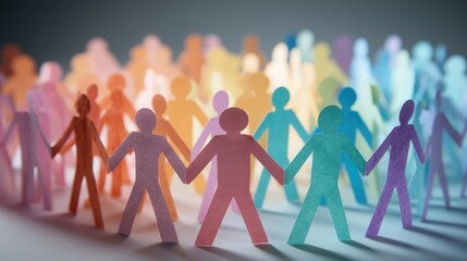 Naklejka na ściany i meble Colorful paper cut-out figures joining hands to represent unity and diversity