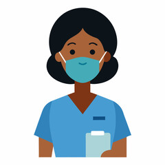 Flat vector illustration of a female nurse with dark skin, wearing scrubs and a mask, holding a clipboard, smiling confidently, flat design, white background