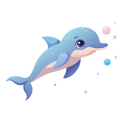 Obraz premium Cute Cartoon Baby Dolphin Swimming with Bubbles: Adorable Marine Life Illustration