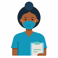 Flat vector illustration of a female nurse with dark skin, wearing scrubs and a mask, holding a clipboard, smiling confidently, flat design, white background