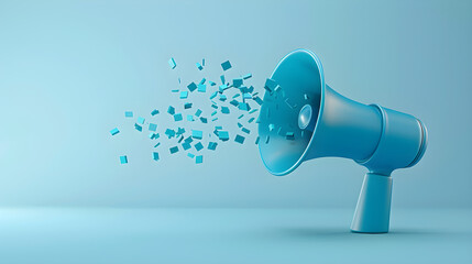 A blue megaphone with small blue squares coming out of it on a blue background in a studio shot