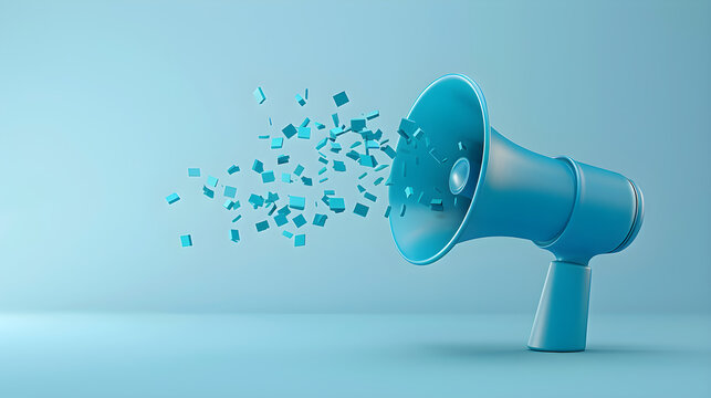 A blue megaphone with small blue squares coming out of it on a blue background in a studio shot