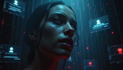 Cybersecurity AI face portrait for tech blogs, articles, or covers. Use for content related to cybersecurity, hacking, digital identity and theft, deep fakes.