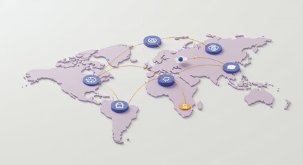 Pastel Pixelated World Map With Network Nodes and Connection Lines for Global Digital Connectivity