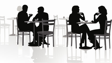 Silhouette of people sitting at tables and drinking coffee in a cafe with chairs and tables visible at the background