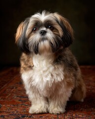Adorable Shih Tzu with long coat sitting on a patterned rug indoors