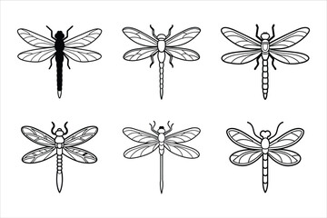 Six Black Line Drawings Dragonflies Various Styles