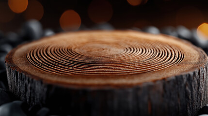 Fototapeta premium Intricate annual rings of a tree trunk captured in stunning macro detail against a textured wooden surface