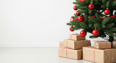 Neatly wrapped gifts with red twine under a decorated christmas tree with red ornaments in a minimalist room