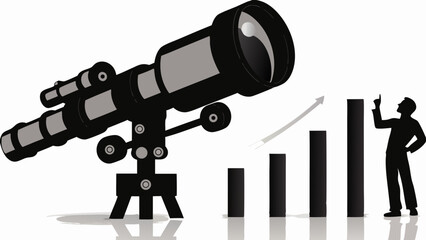 Illustration of a telescope with a man pointing at a growing bar graph and an upward trending arrow