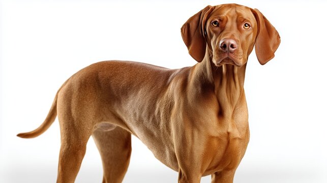 Elegant vizsla dog standing on a white background with focused expression
