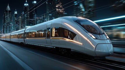 Naklejka premium Futuristic high-speed train speeding through a modern city at night