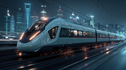 Naklejka premium High-speed modern train travelling through urban landscape at night