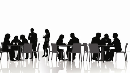 Silhouette of people sitting at tables and standing in a cafe or restaurant setting with white background