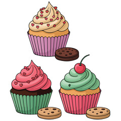 Cup cake set colorful vector isolated white background