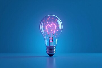 A glowing lightbulb with a pink heart inside illuminates a blue background