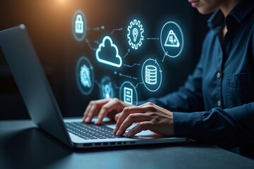 Woman working on laptop with digital security icons