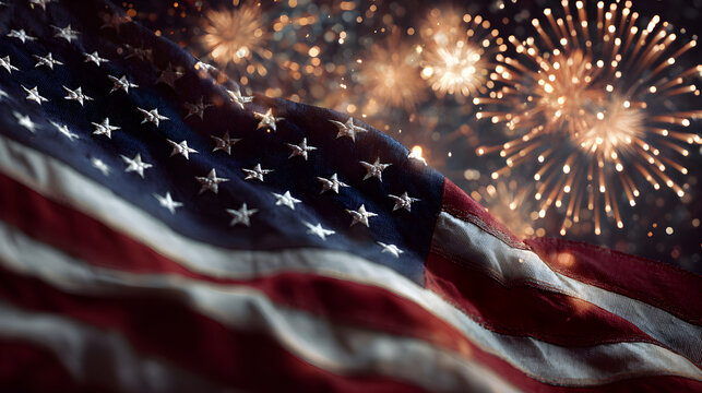 American flag waving with fireworks in the background celebrating independence day patriotic display
