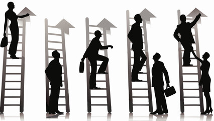 Silhouetted figures climbing ladders with upward pointing arrows symbolizing career advancement and success © CREATIVE CRUSADER