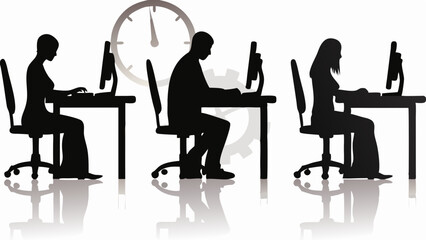 Silhouetted office workers at desks under a clock suggest deadlines and productivity in a workplace setting