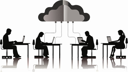 Silhouetted people working on laptops connected to a cloud computing network infrastructure system
