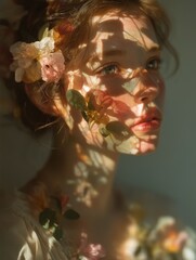 Woman with Flowers and Sunlight Shadows